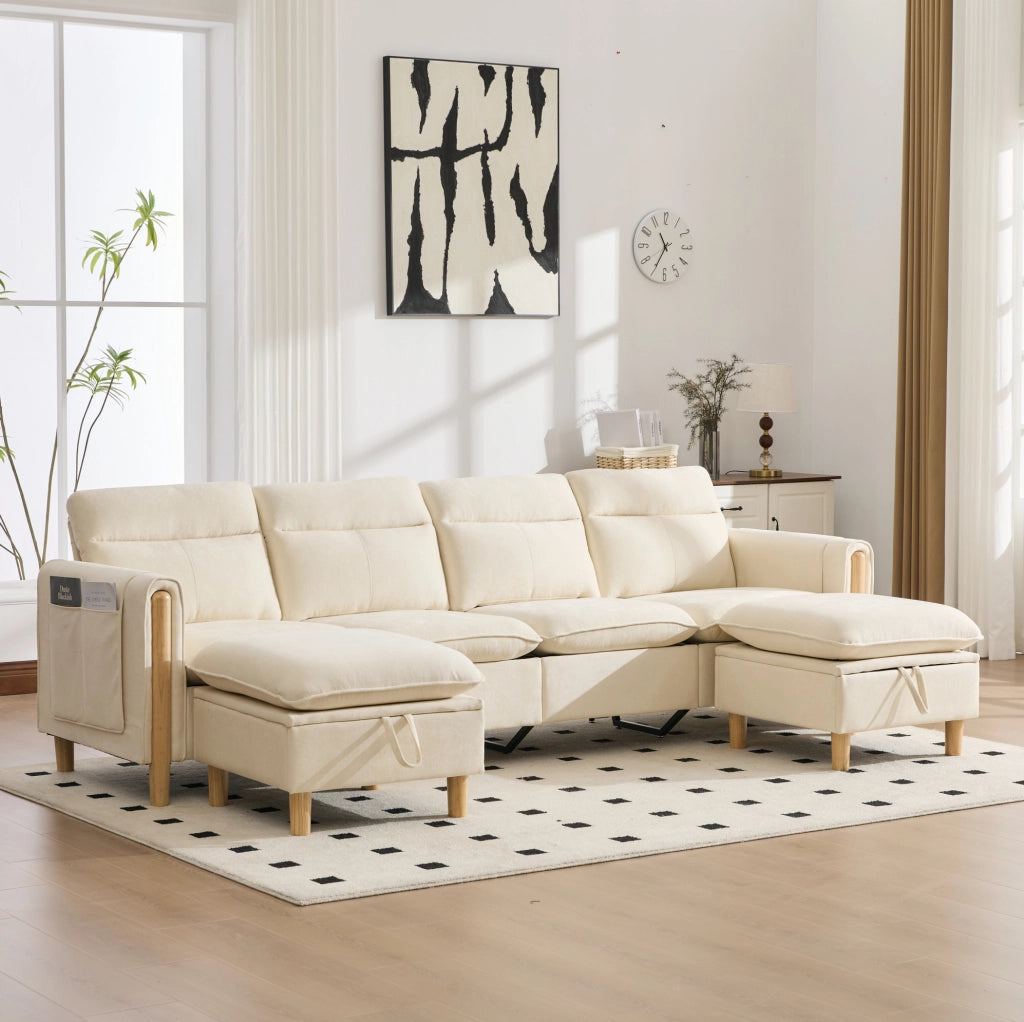 Divano modulare a U con 2 pouf contenitore; 261 cm; in chenille beige