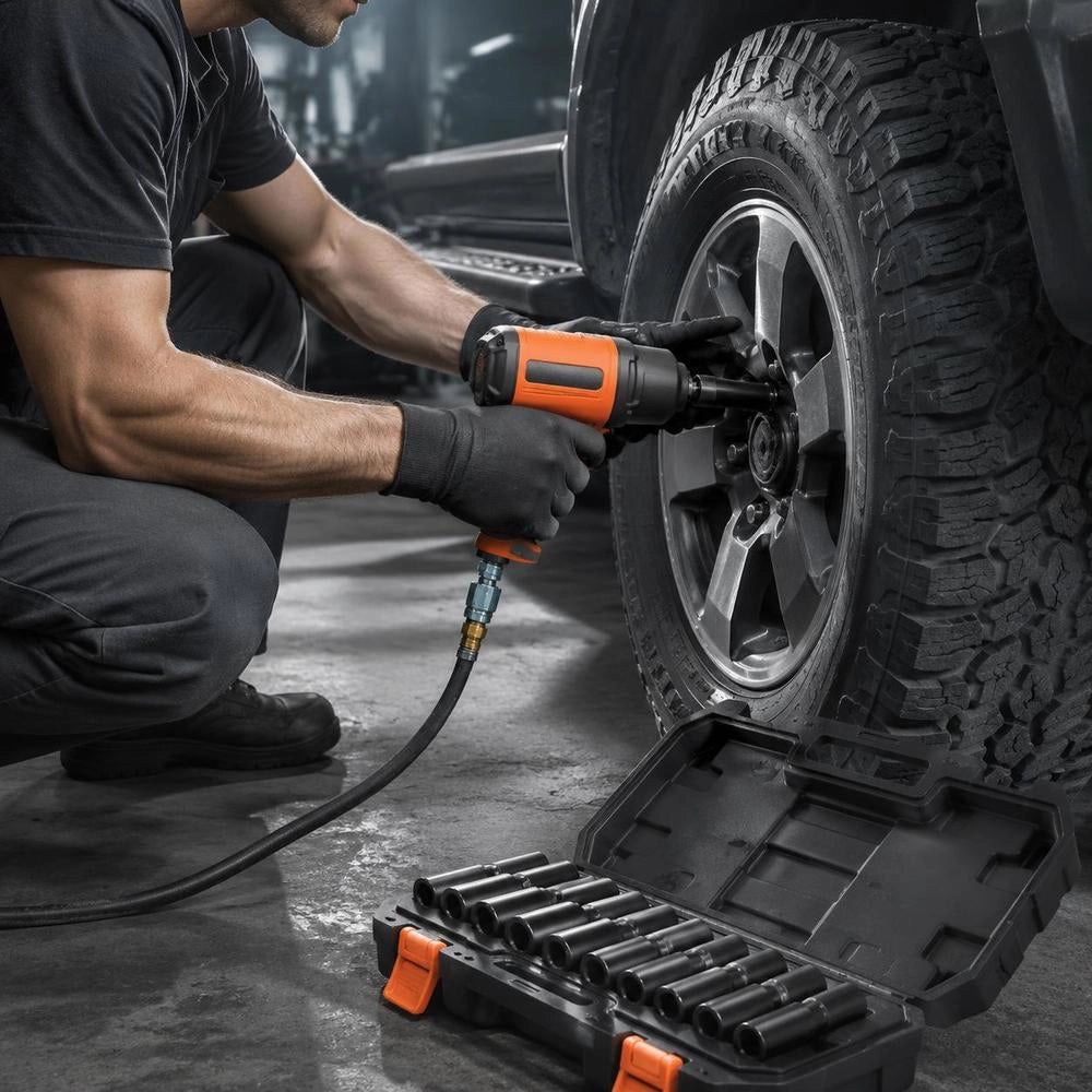 Pneumatic Impact Wrench, Max. Loosening Torque 1898 Nm, 1.27 Cm Square Drive, Max. Torque 1627 Nm, Low Vibration, Includes 10 Sockets, 8000 Rpm No-load Speed
