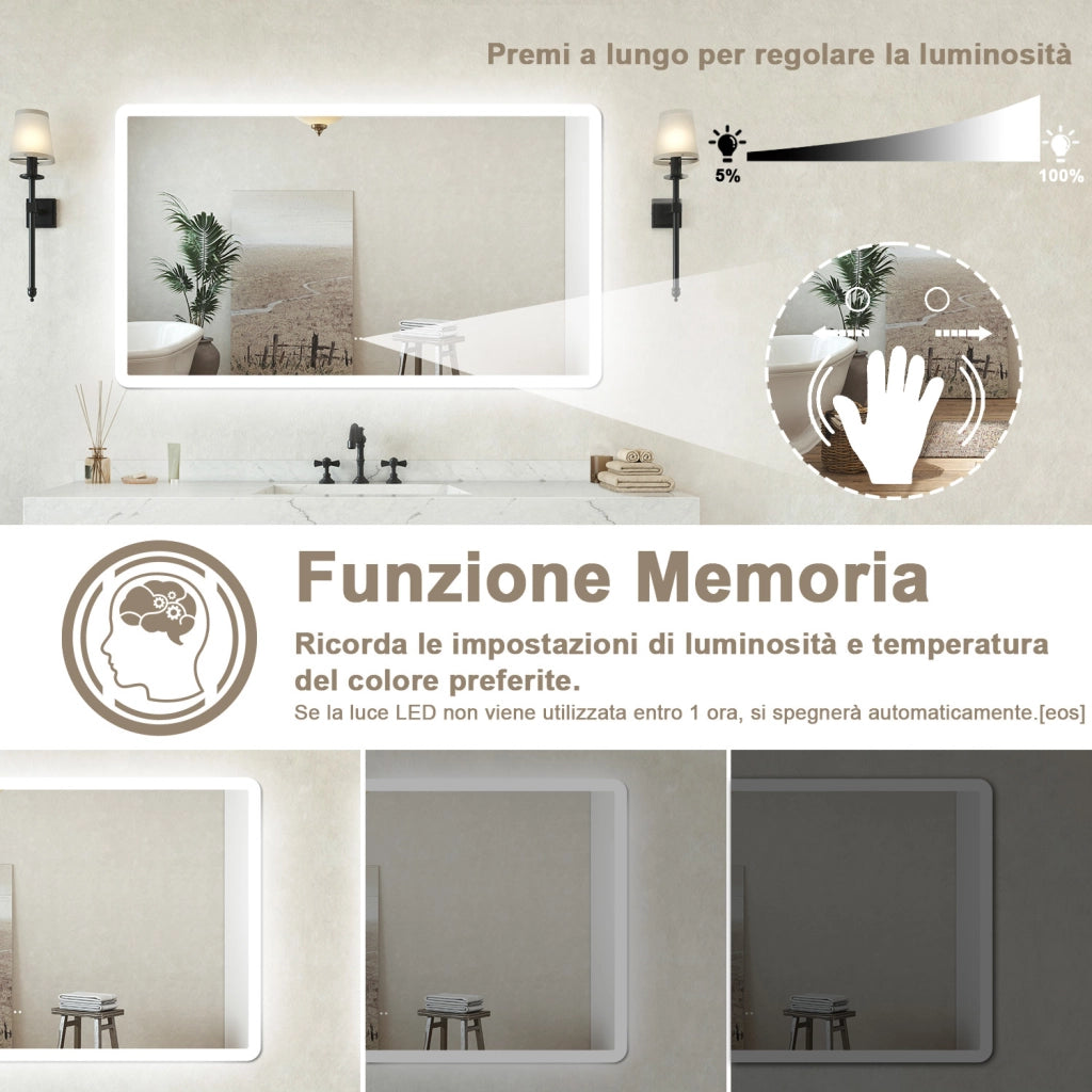 Specchio bagno Rettangolare 100x60cm Retroilluminato Con Led, Antiappannamento + 3 Luci