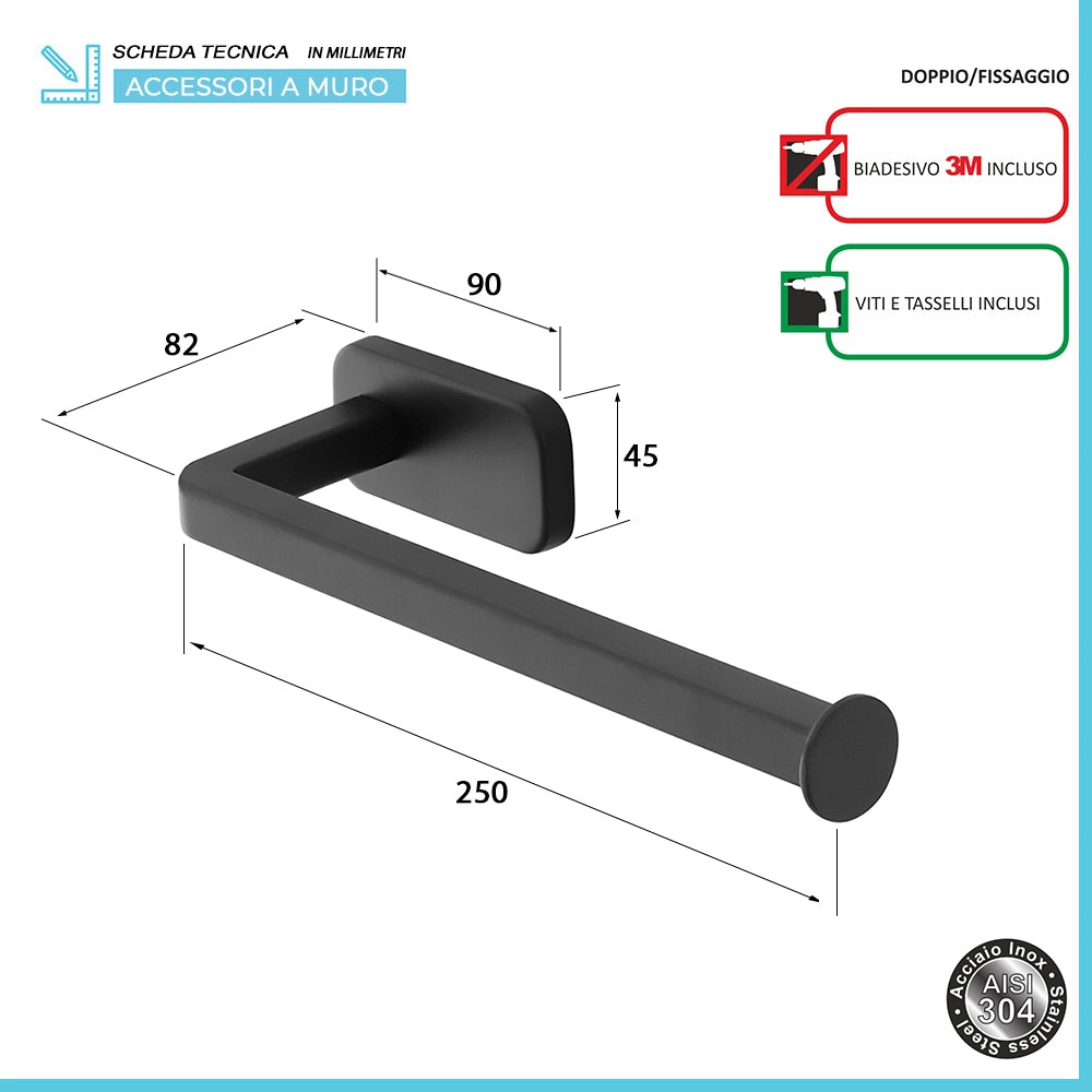 Set 4pz con appendino, porta rotolo e 2 porta salviette a muro in acciaio nero Cubik