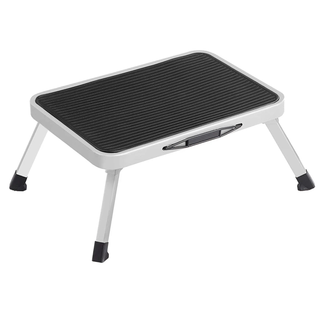 Sgabello/scala/sgabello a un livello in acciaio antiscivolo e pieghevole con maniglia portata 150 kg ideale per roulotte bianco 12_0006347