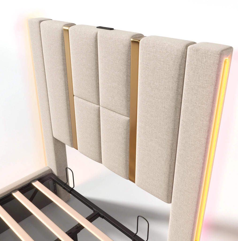 Letto imbottito 90x200 cm beige in lino con LED RGB; USB Type-C e contenitore