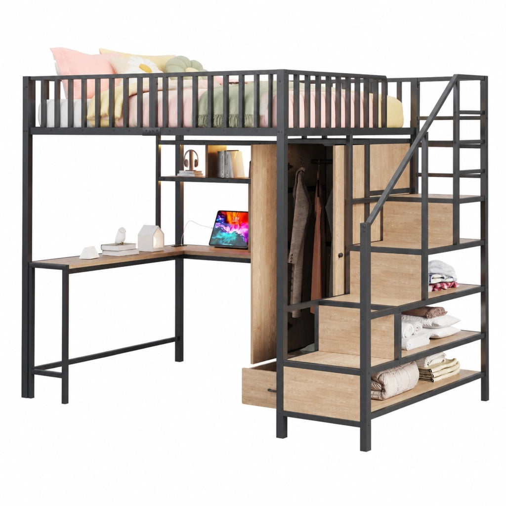 Letto a soppalco in metallo 140x200 cm con scrivania; armadio; LED e prese; nero