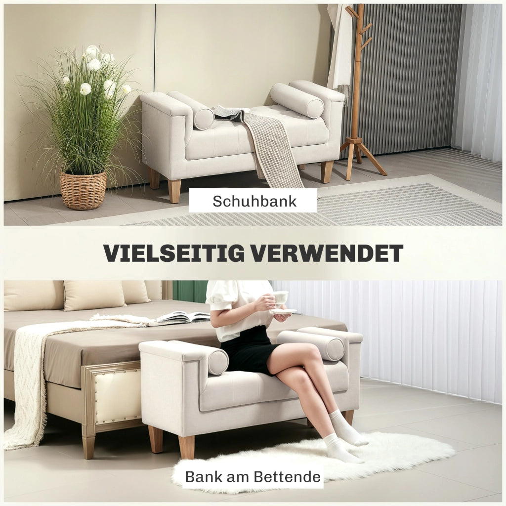 Panca da letto imbottita vintage con braccioli e cuscini, struttura in legno, in poliestere beige