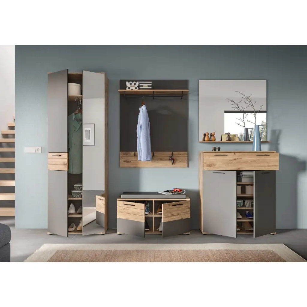 Set bagno: mobile sotto lavabo + mezza colonna + specchio – Grigio antracite e rovere chiaro – SELMA