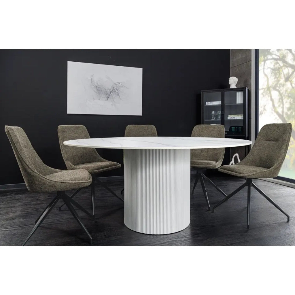 Tavolo da pranzo LUMEA – Rotondo 120 cm – Effetto marmo bianco – Piede centrale largo – Stile contemporaneo