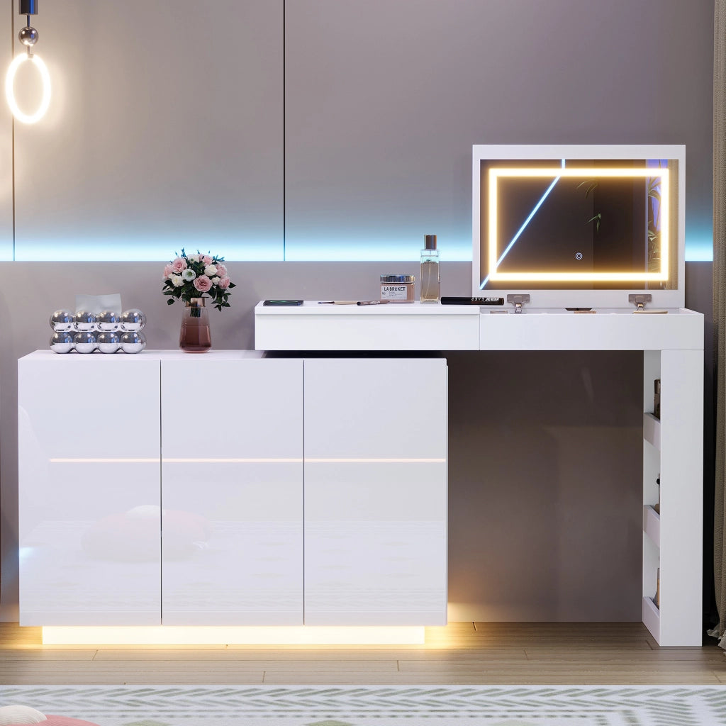 Tavolo da trucco angolare girevole con specchio LED, piano lucido bianco, 100¡Á40¡Á80 cm