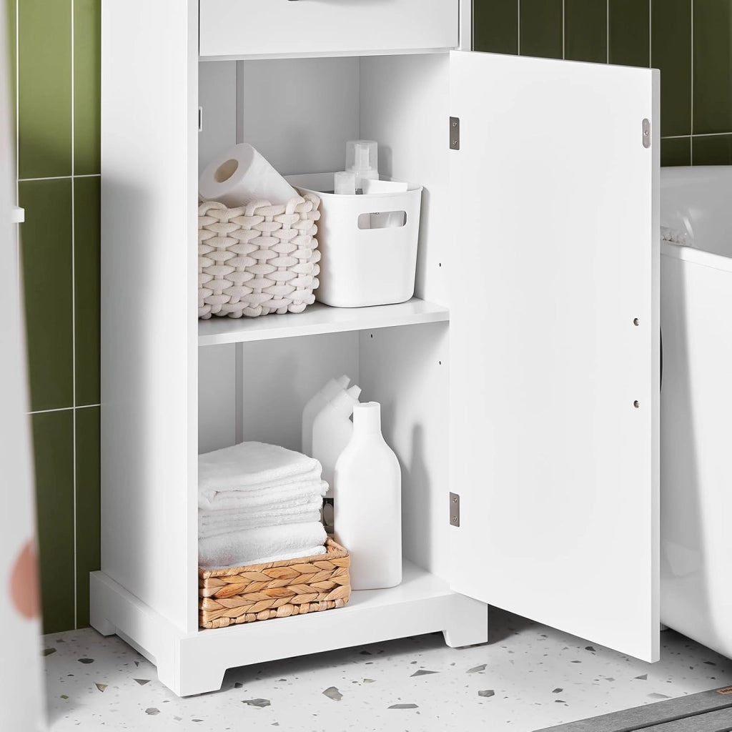 Mobiletto Bagno Salvaspazio – Mobiletto Bagno Stretto con Cassetti e Ripiani Regolabili, Cassettiera nel legno, Resistente all'Umidità, Bianco, 42x30x93cm, BZR207-W