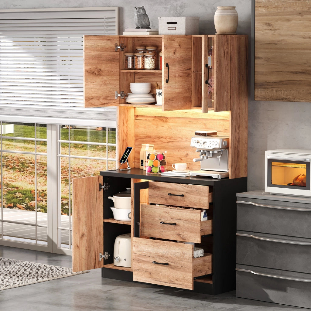 Colonna da cucina con 3 cassetti; LED e prese - per cucina - 105×40×180 cm - nero