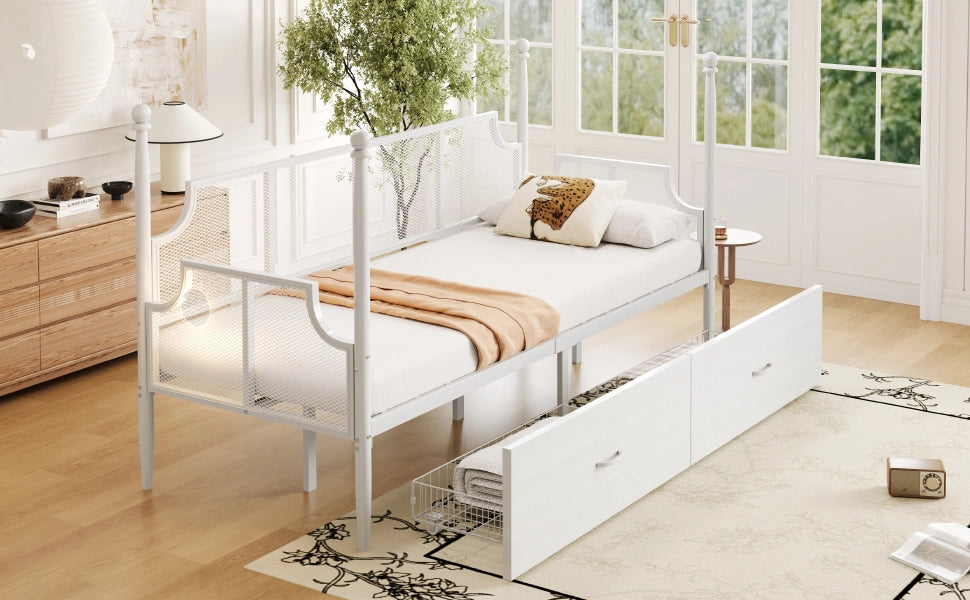 Divano letto in ferro con schienale vintage e 2 cassetti, 90x200 cm, bianco