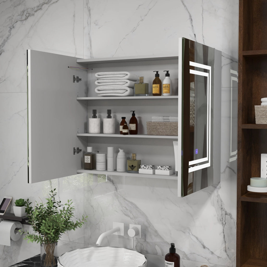 Armadietto Bagno Specchio con Ripiani Regolabili e Luce LED ¨C Zephmum ¨C Bianco 80x15x65 cm
