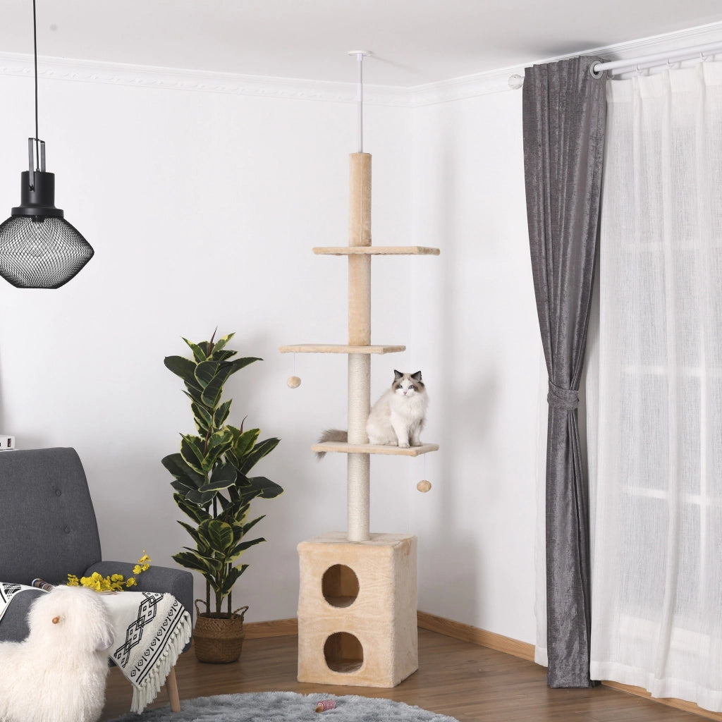 EasyComfort Tiragraffi a Soffitto Multilivello 220-245cm Palestra per Gatti con Cucce, Piattaforme e Corde in Juta, Giallo