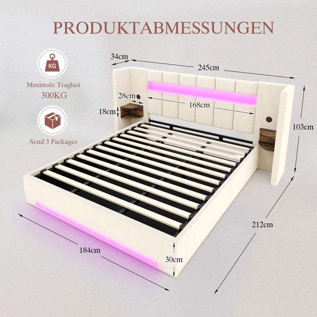 Letto contenitore 180x200 cm in velluto beige con LED e USB