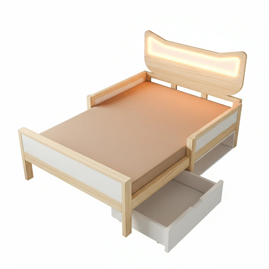 Lettino per bambini con orecchie da gatto e luci LED 90x190 cm in legno di rovere e bianco
