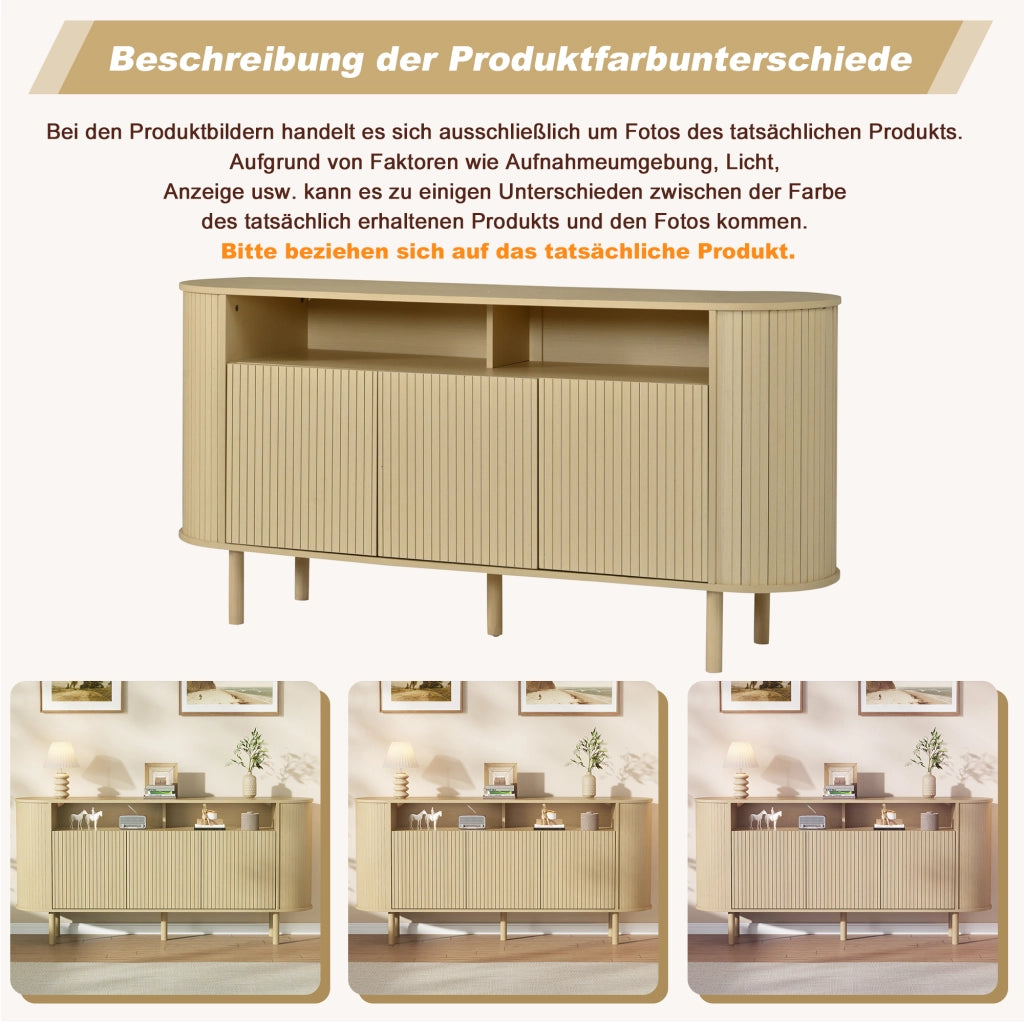 Credenza e madia con 3 ante a onde e vani aperti, per soggiorno, in truciolare, naturale, 160 × 40 × 78,5 cm