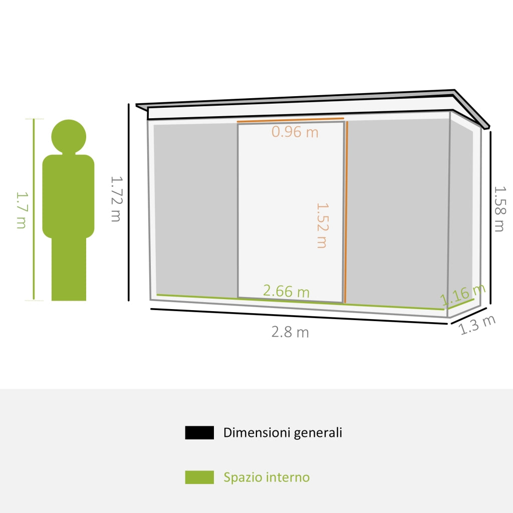 EasyComfort Casetta da Giardino Porta Utensili in Lamiera di Acciaio con Fondazione, Capanno da Giardino in Acciaio con Porte Scorrevoli, 280x130x172cm, Verde Chiaro