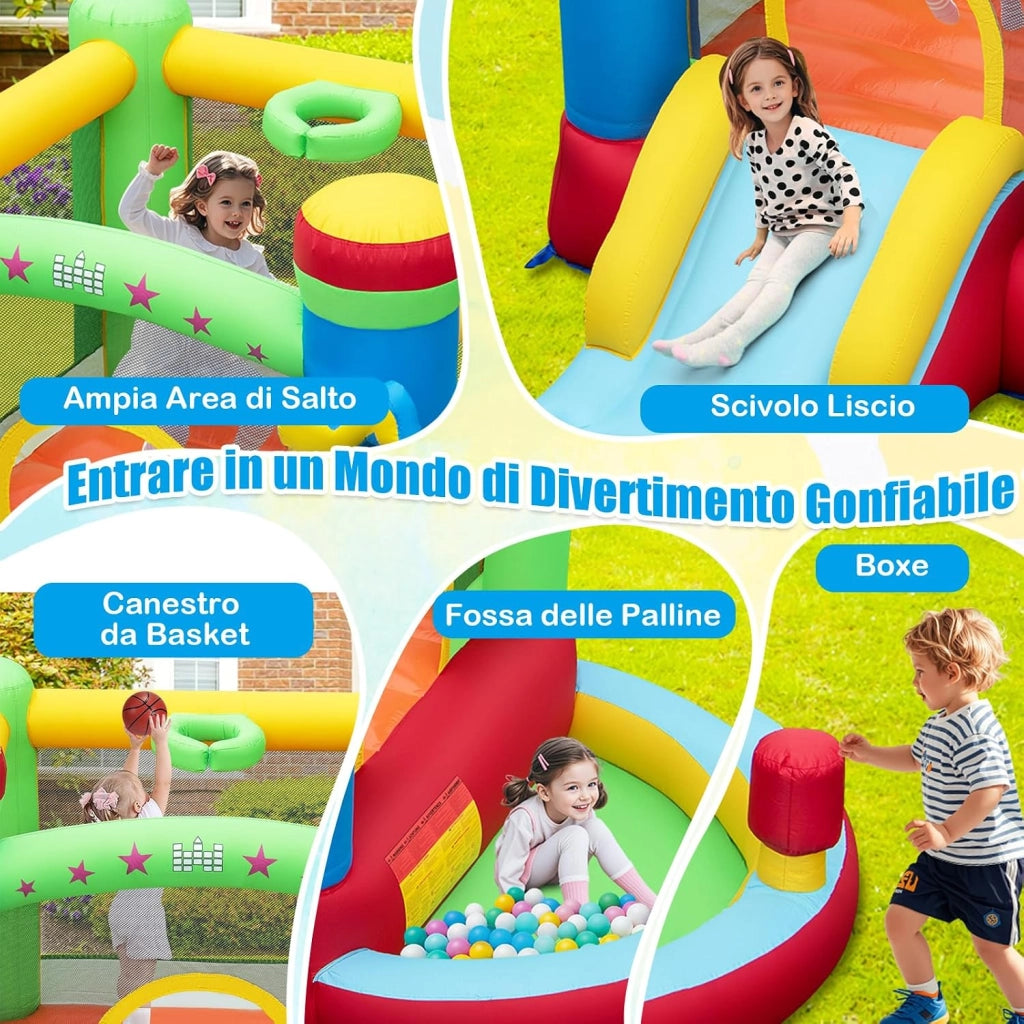 Castello Gonfiabile 5 in 1 per Bambini di Tema Musicale, Castello Gonfiabile con Scivolo, Trampolino, Piscina e Canestro, Gioco Gonfiabile da Interno ed Esterno, per Bambini da 3 a 12 Anni