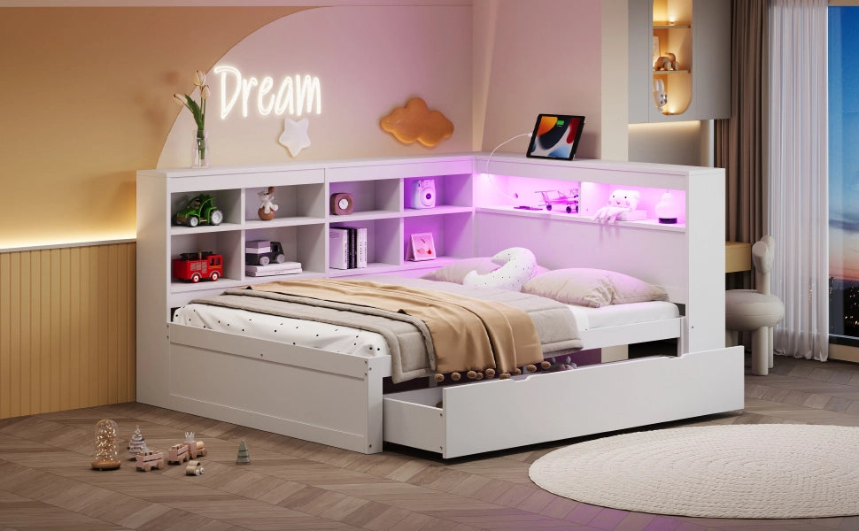 DESMIU Letto con contenitore 140 × 200 cm 2 posti con USB, LED, ripiani e vani, senza materasso, in legno, bianco
