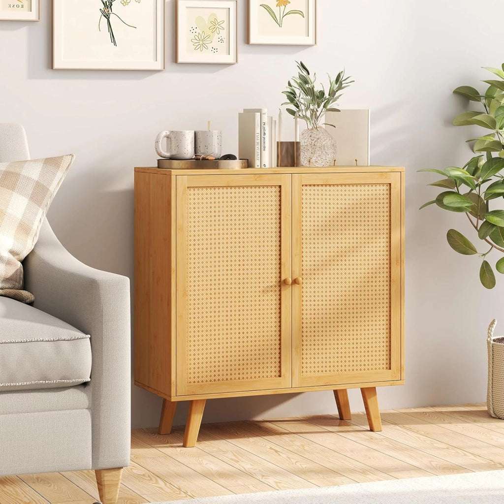 Credenza da cucina in bambù con 2 ante decorate in rattan, 80 x 34,5 x 85 cm, armadio a 2 livelli, stile boemo, mobile per sala da pranzo, soggiorno, camera da letto