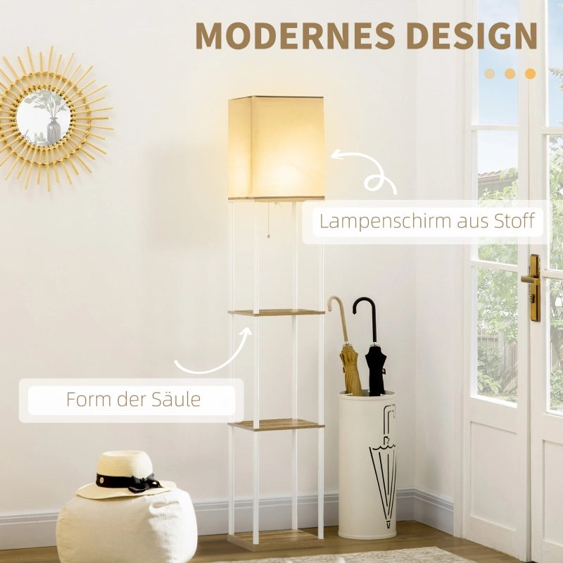 Lampada da terra, con luce indiretta, con ripiani, struttura in metallo, paralume in tessuto, 26x26x159 cm, bianco/marrone