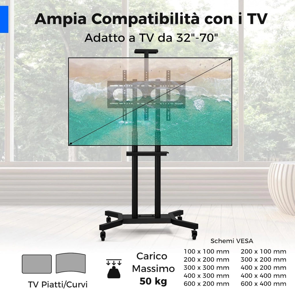 Supporto TV da Pavimento con Ruote per Schermi Plasma/LCD/LED 32-70 Pollici, Altezza Regolabile, Carrello Staffa Porta Mobile Supporto TV Fino a 50 kg, Max VESA 600 x 400mm