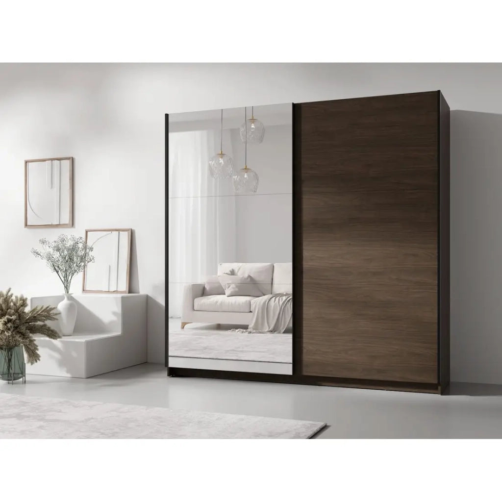 Armadio ARSALA 200 cm noce con specchio e porte scorrevoli design