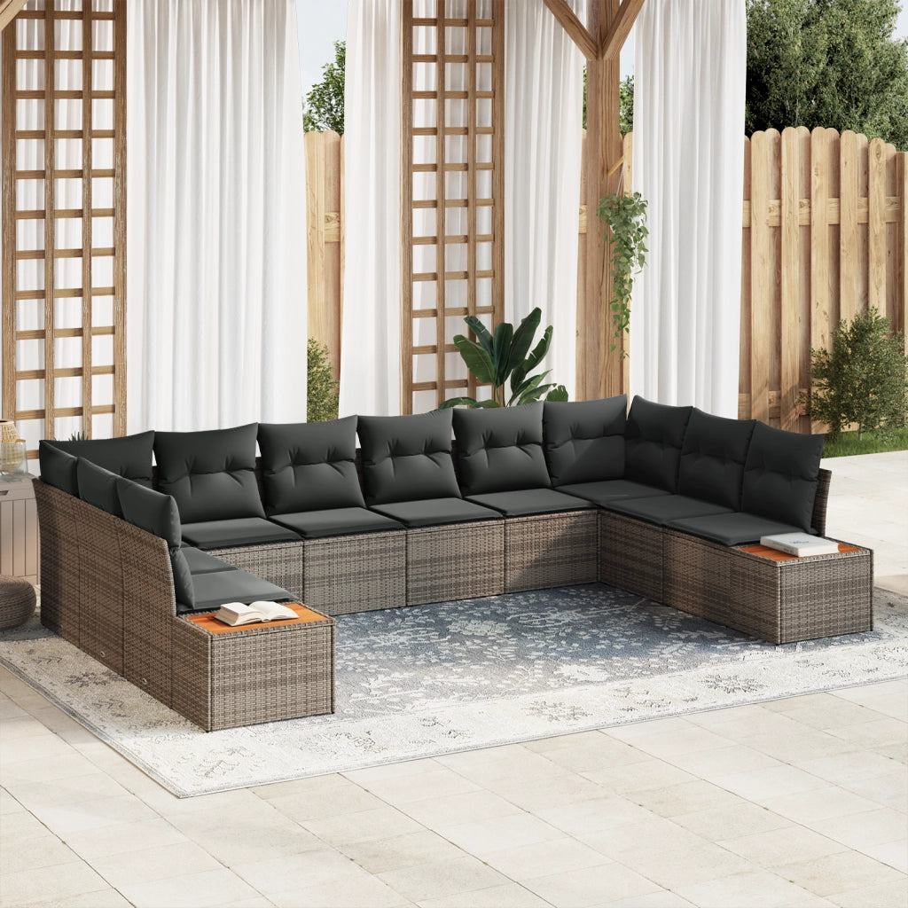 Set di Divani da Giardino 10 Pezzi con Cuscini Grigio Polyrattan Acacia