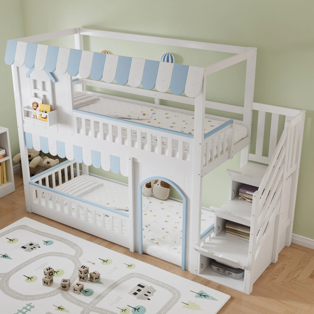 Letto a castello per bambini 90x200 cm bianco e blu con scala