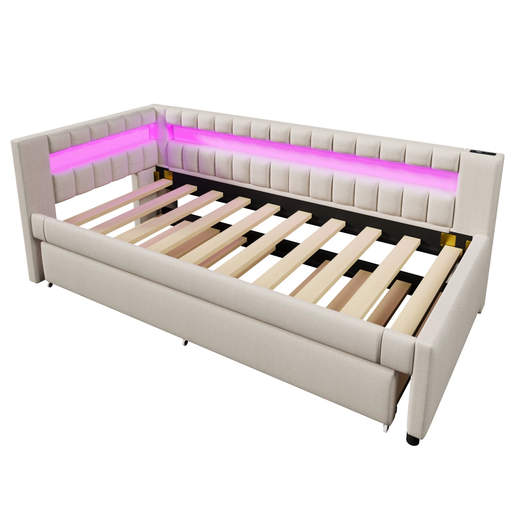 Letto estraibile singolo 90×200 cm con LED; USB e Type-C; senza materasso; lino; beige