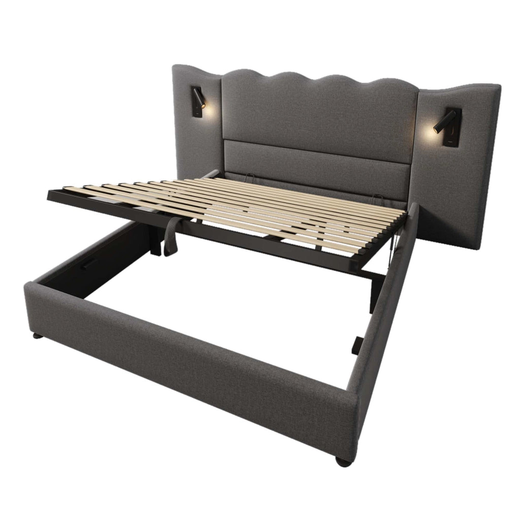 DESMIU Letto contenitore 180 × 200 cm 2 posti con lampada da lettura, USB e Type-C, senza materasso, in lino grigio