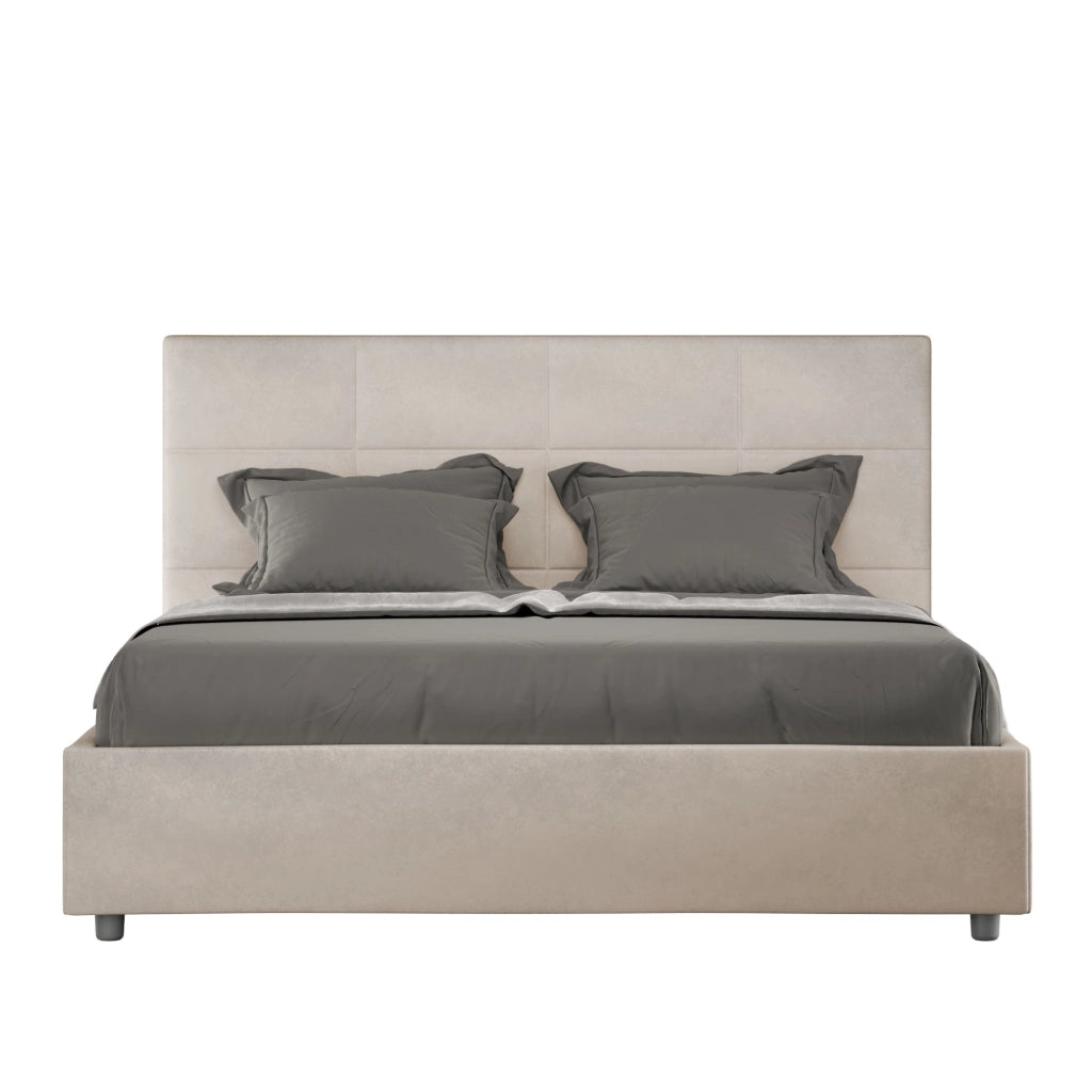 Letto Matrimoniale 160x200 cm con Rete e Contenitore Giroletto con Alzata Comoda Imbottito in Microfibra Mika Sabbia
