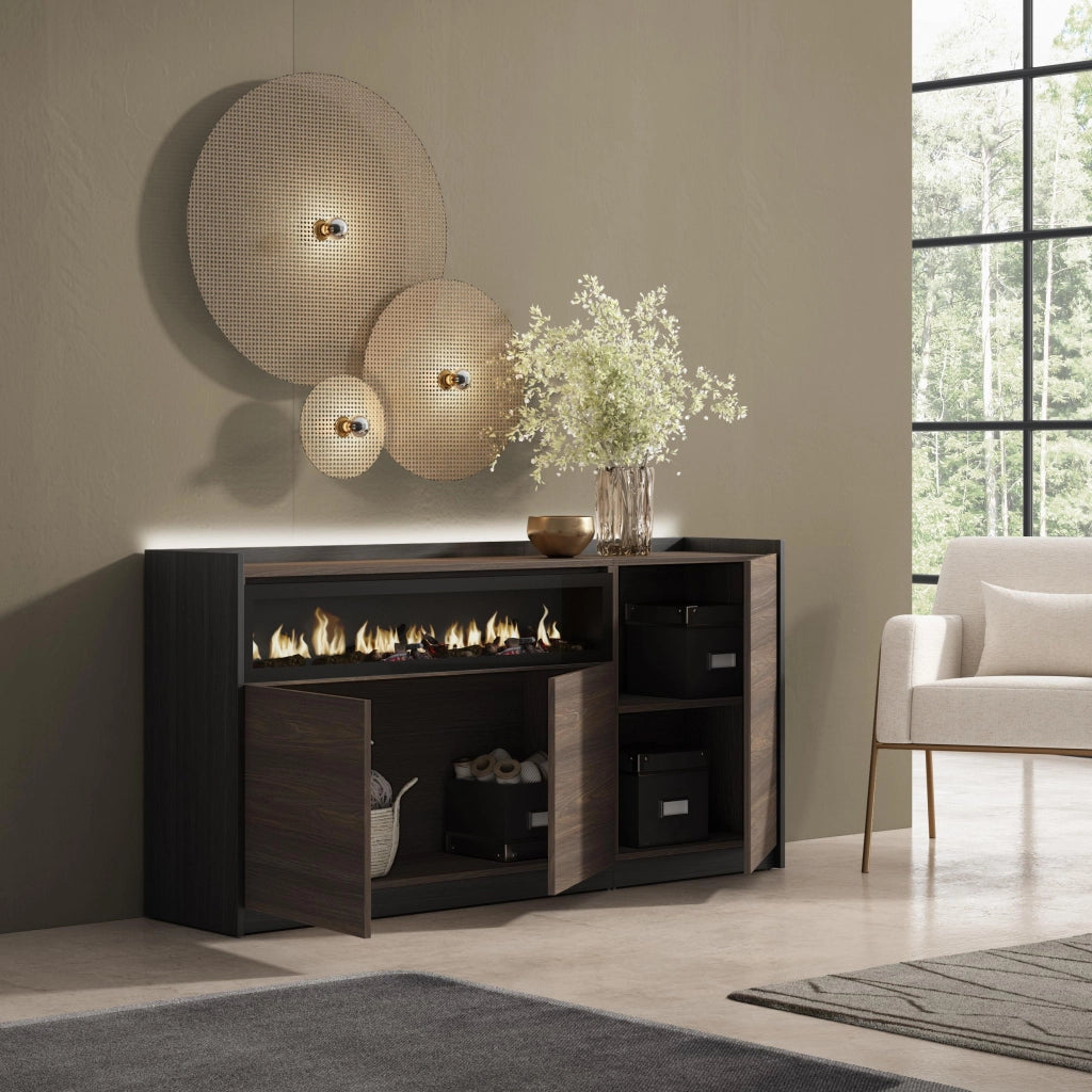 Credenza, Mobile, Cucina, 156x80x37 cm, 3 Porte, Camino elettrico, LED, Rovere scuro e Nero