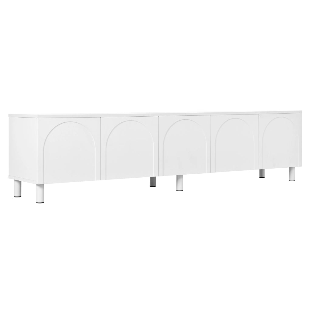 Mobile porta TV con 5 ante e passacavi, piedi in metallo, in MDF e PB, per soggiorno, bianco, 180 × 38 × 45 cm