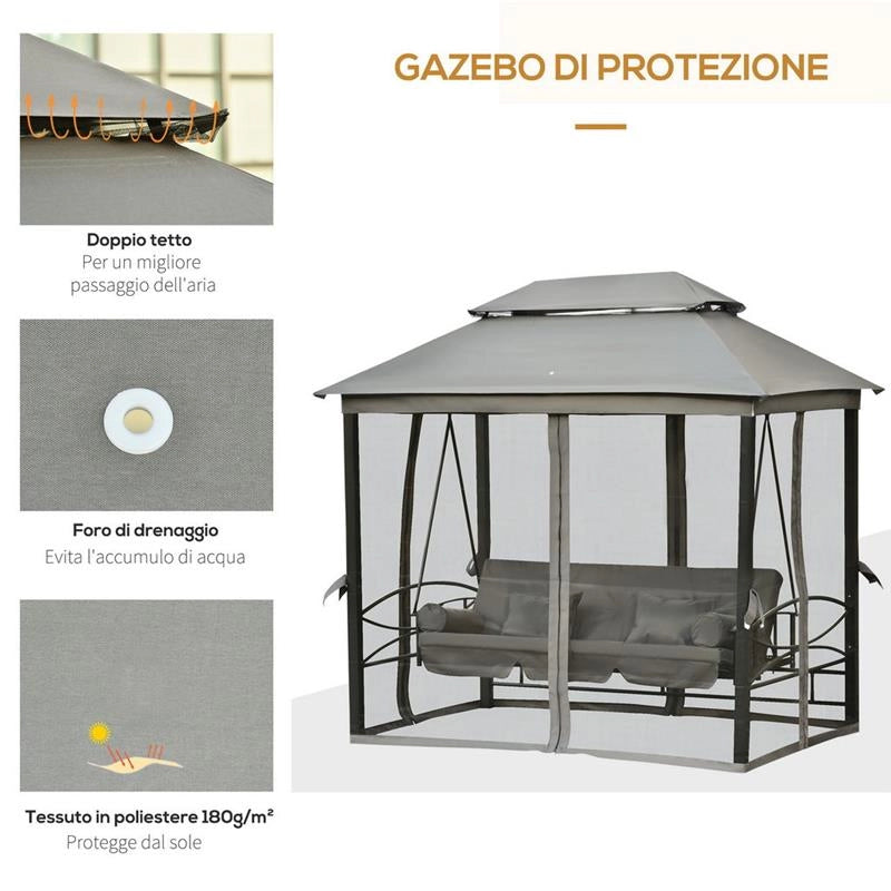 DONDOLO A GAZEBO RECLINABILE 3 POSTI CON ZANZARIERA E CUSCINI GRIGIO SCURO