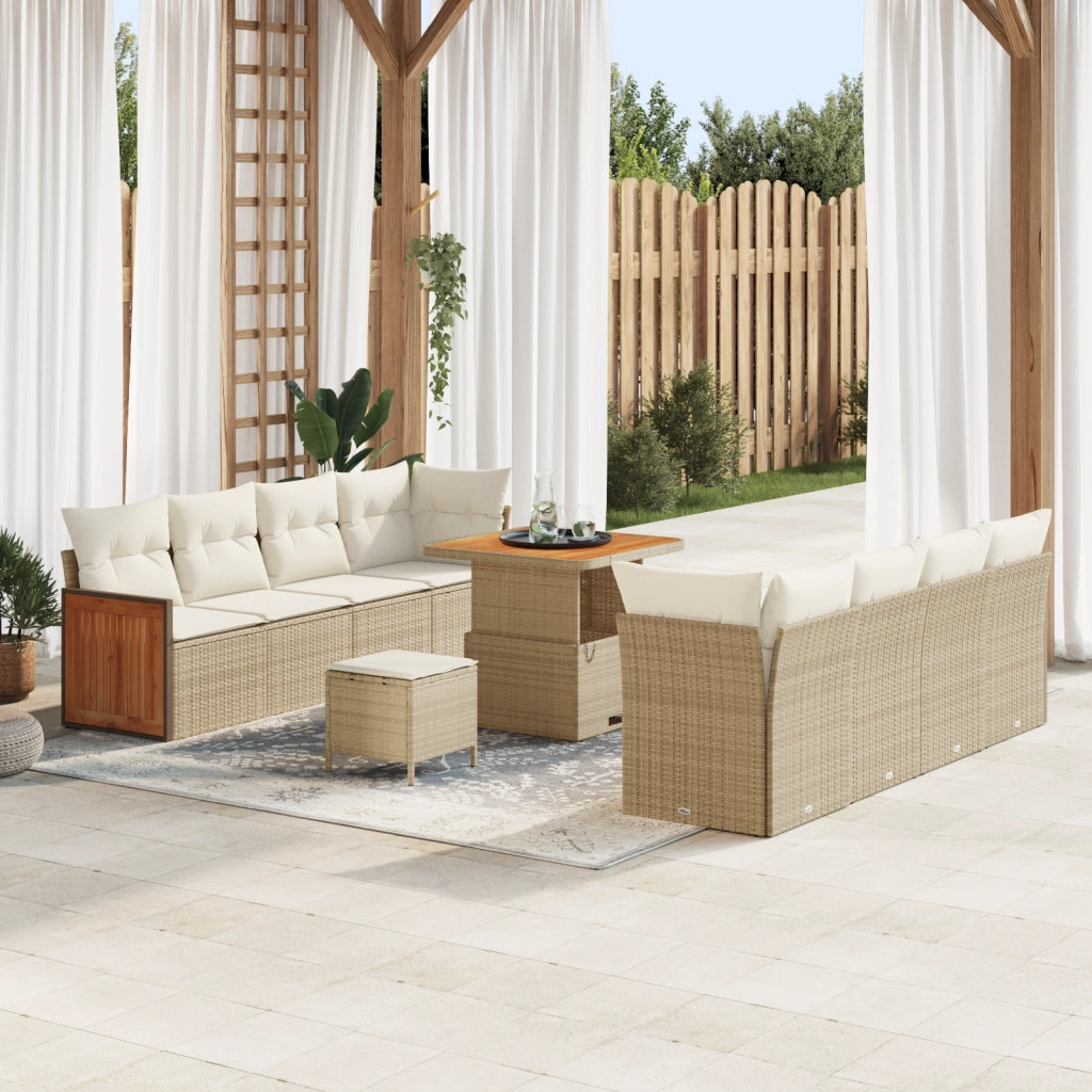 Set di Divani da Giardino  in 11 Pezzi con Cuscini Beige Poly Rattan Acacia