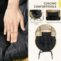 Poltrona da Giardino a Uovo con Poggiatesta e Cuscini per Seduta, in Rattan e Acciaio, 89x75x143 cm