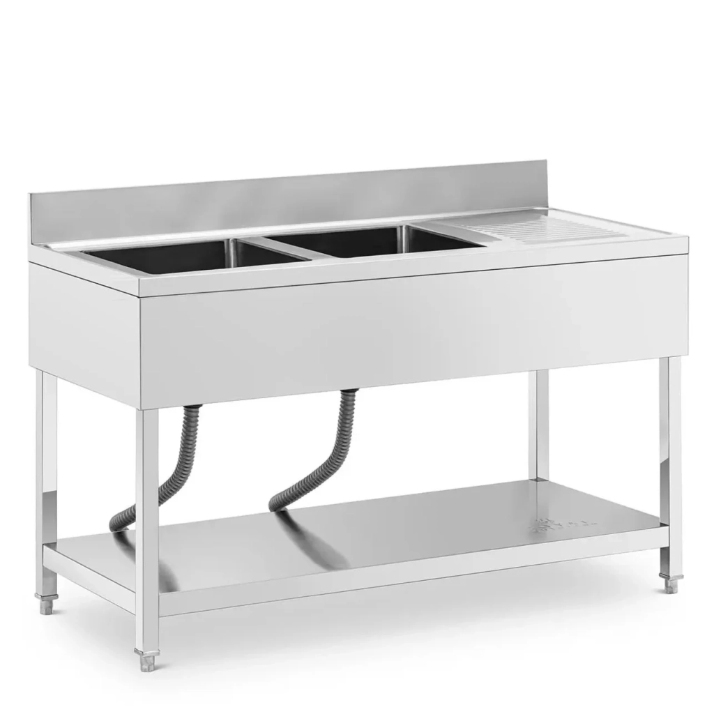 Lavello professionale in acciaio inox con 2 vasche 140 x 60 x 97 cm acciaio inox argento 14_0009563
