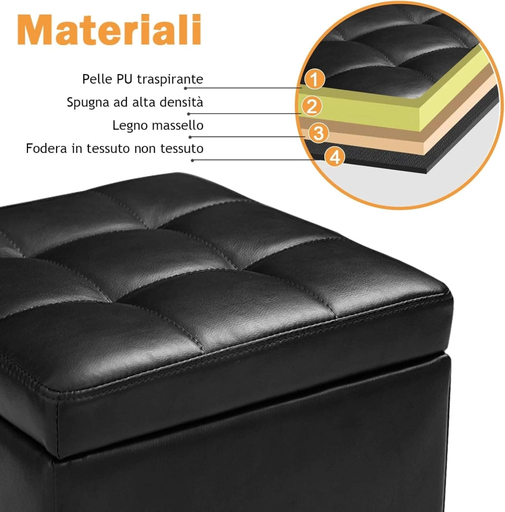 Pouf Cubo Multifunzionale in PU 40x40x40cm, Sgabello di Stocaggio Salvaspazio, Cassapanca Cubo per Ingresso, Soggiorno, Camera da Letto (NERO)