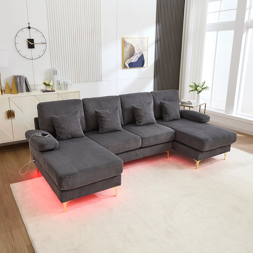Divano a U - Xylo - LED/USB-C legno massello 4 cuscini grigio