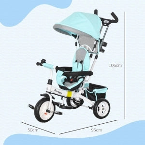 Triciclo 6-in-1 Verde per Bambini 1-5 Anni, con Maniglia Spinta, Tetto Parasole Rimovibile, Cintura di Sicurezza a 5 Punti, Cesto e Portabibite