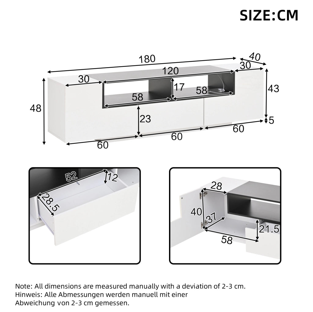 Mobile TV da terra 180x40x48 cm bianco lucido con LED, 2 armadietti e cassetto