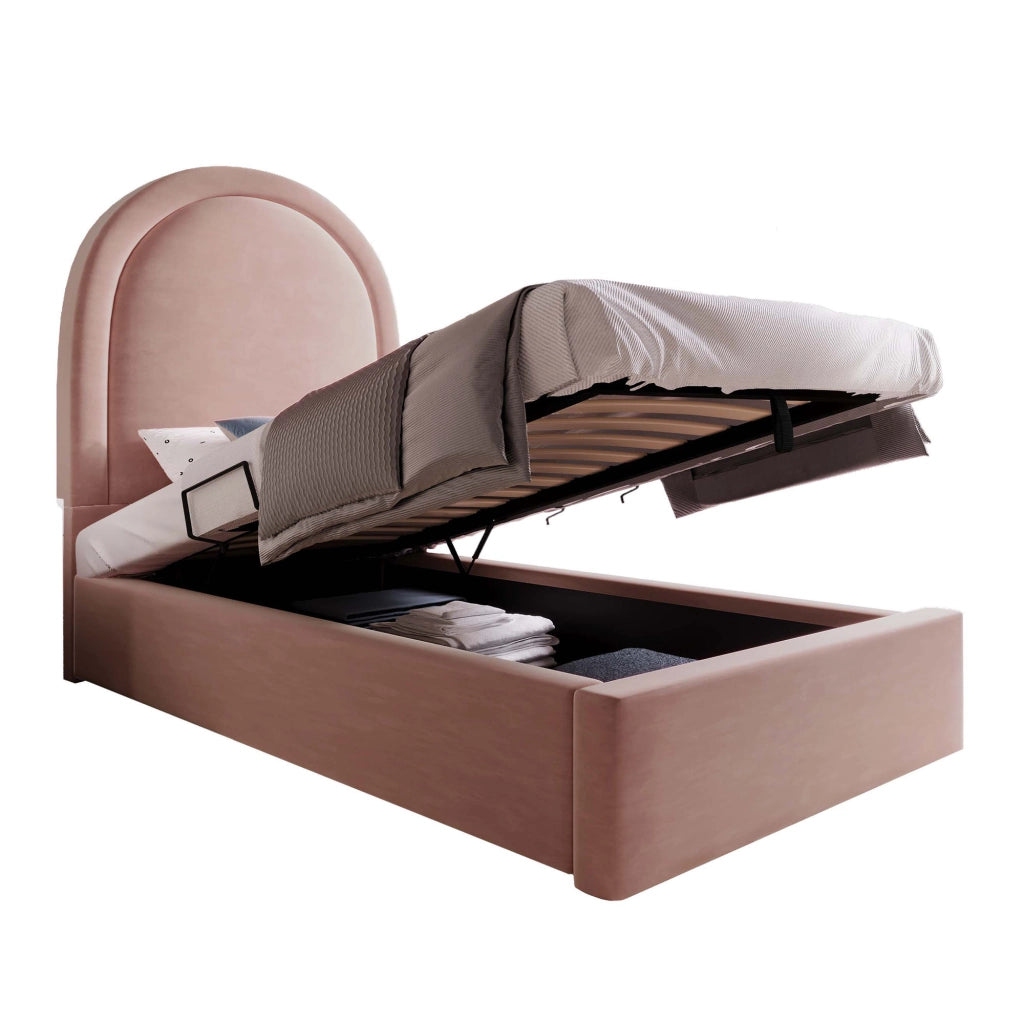 Letto imbottito singolo 90x190 cm in velluto rosa con contenitore idraulico e testiera semicircolare
