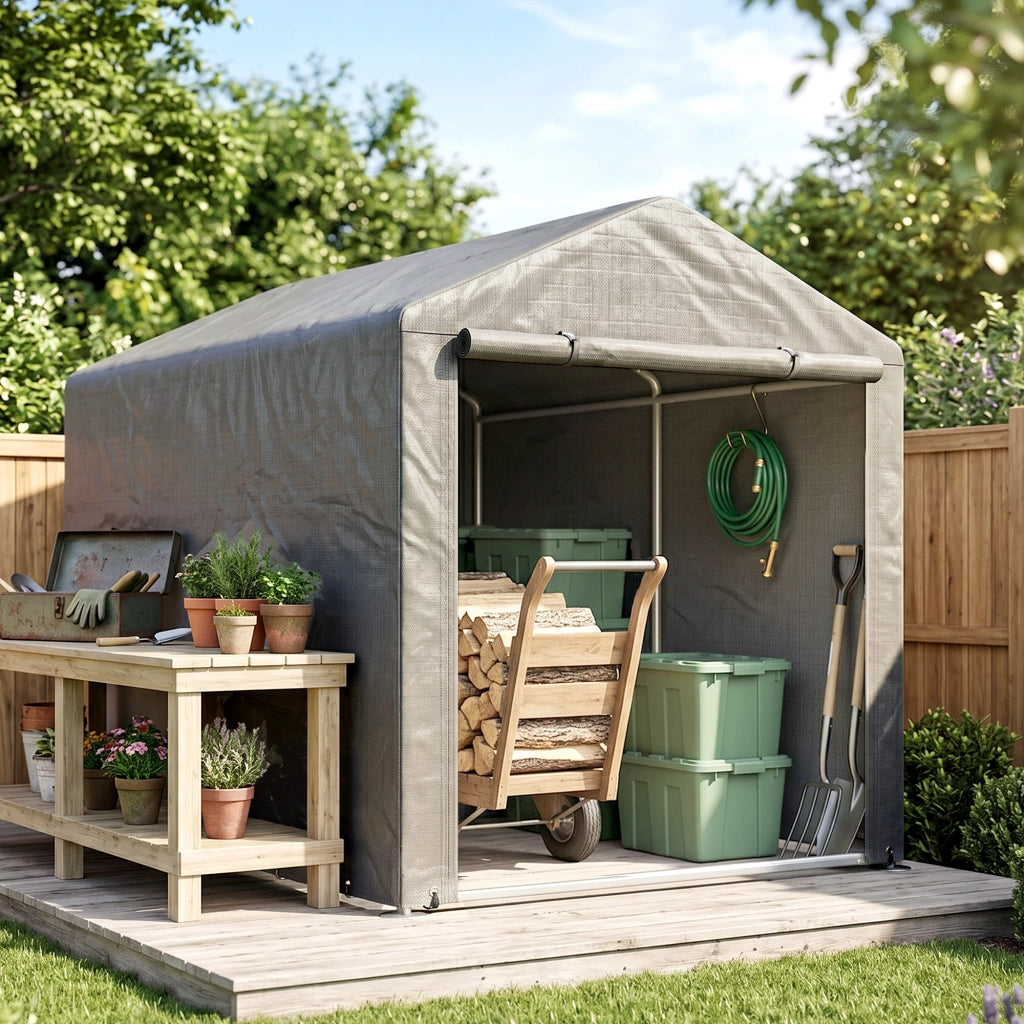 Capanno Porta Attrezzi e Tenda Garage per Bici e Moto con Copertura Anti-UV, 1.6x2m, Grigio Chiaro