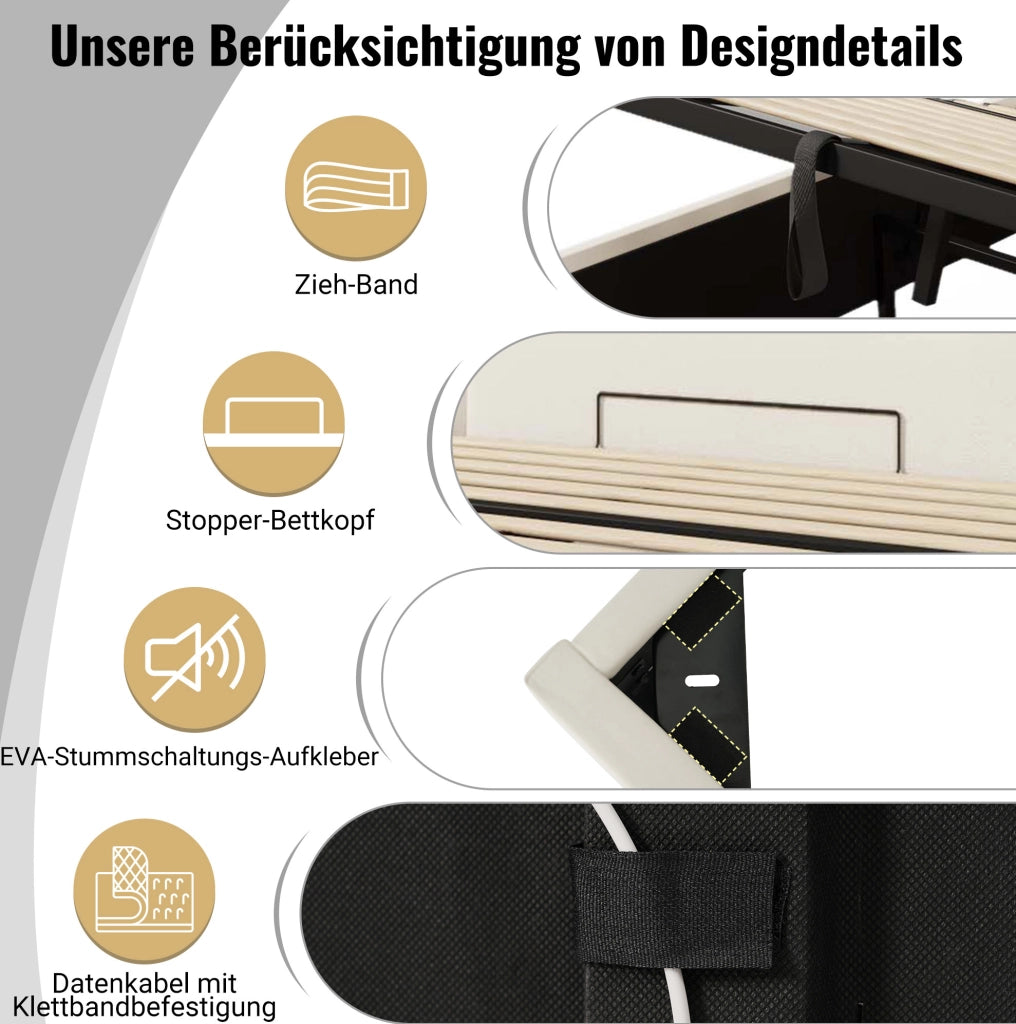 Letto matrimoniale contenitore 160x200 cm con LED e ricarica USB-C