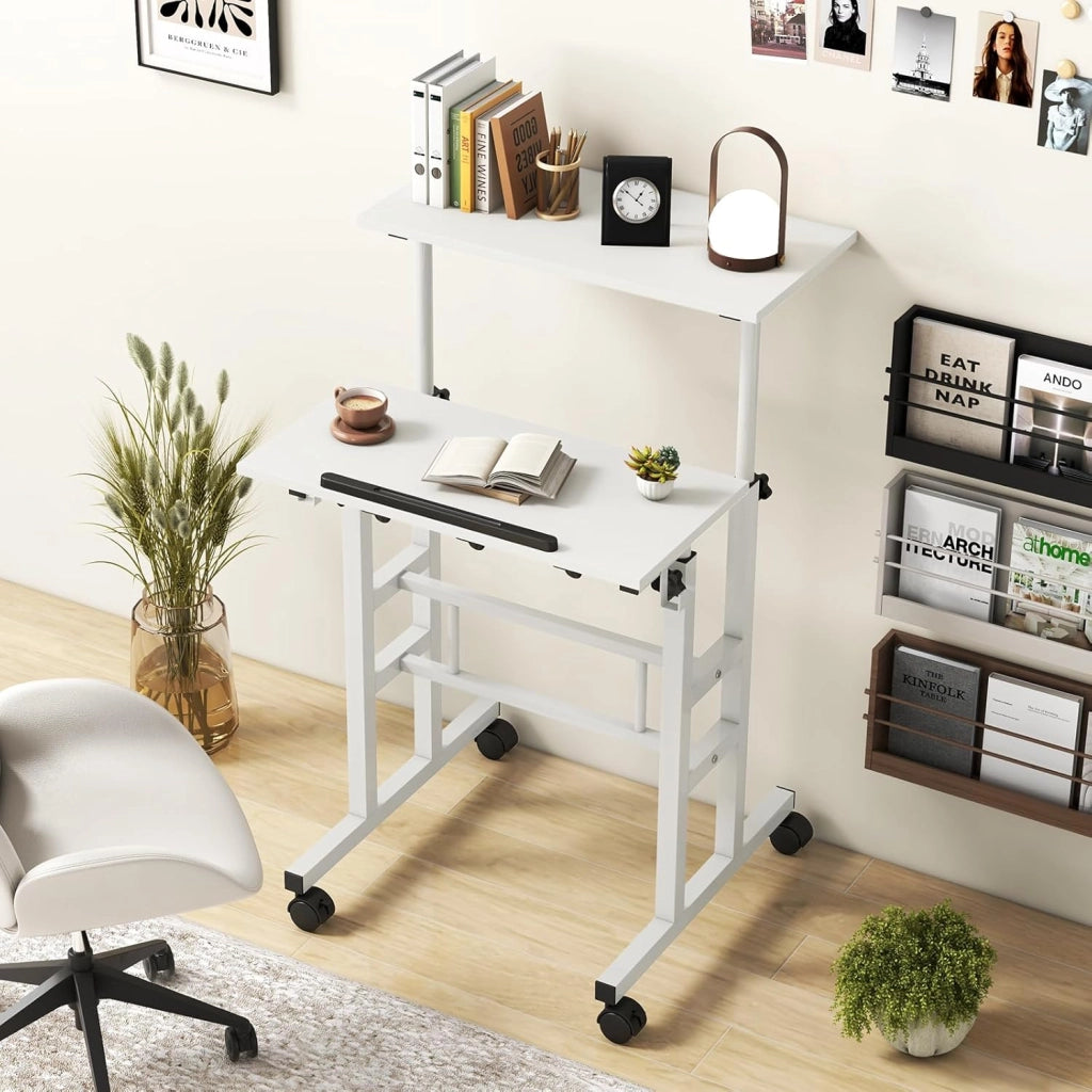 Scrivania regolabile in altezza, scrivania per computer, scrivania da disegno con ruote, scrivania mobile con 2 workstation separate, tavolo da lavoro per PC (bianco)
