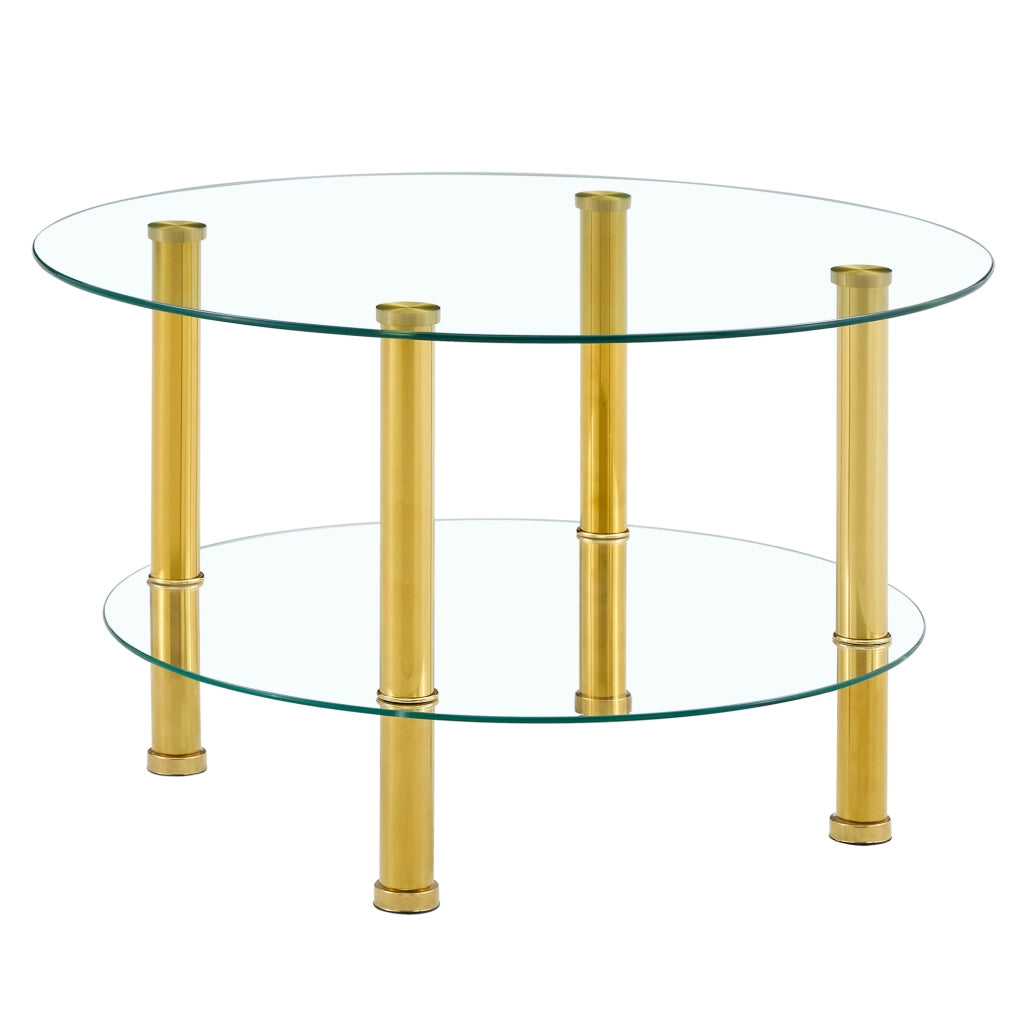 Tavolino da caffè a due livelli 70 cm oro vetro e metallo con ripiano