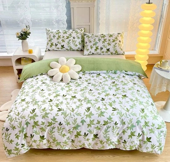 Set di coperte, 220 x 240 cm, bianco, verde, foglie, piante, fiori, piante, set di coperte uccelli, botanico, microfibra, coperta e cuscini 80 x 80 cm, con chiusura a righello