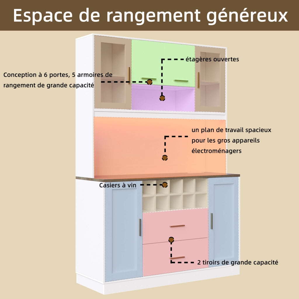 Credenza da Cucina con 6 Ante; 2 Cassetti; Portabottiglie; LED e Prese USB; in MDF; 120x36;3x180 cm; Bianco
