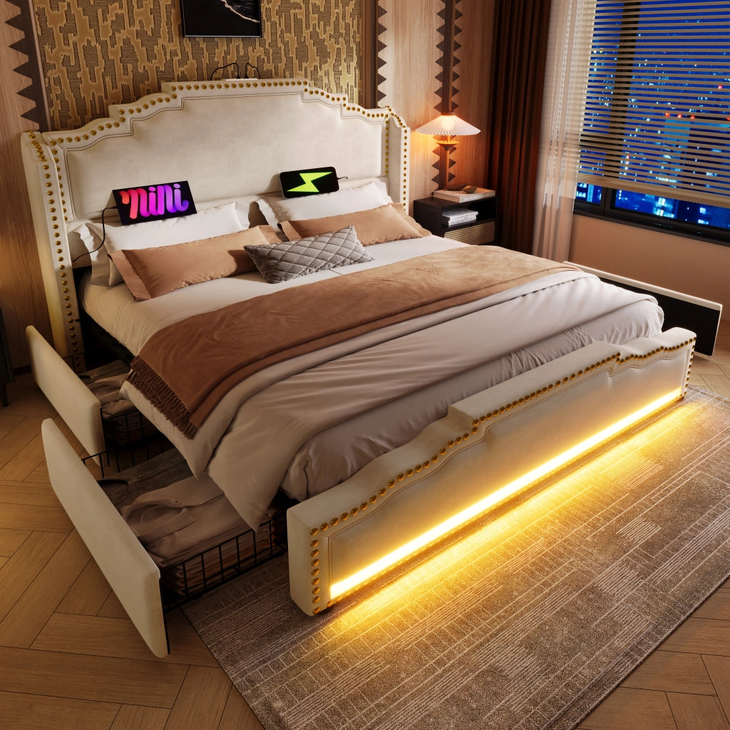 OKWISH Letto con Cassetti 140×200 cm, Letto Matrimoniale con 4 Cassetti, LED Regolabile e USB e Tipo C, senza Materasso, Velluto, Beige