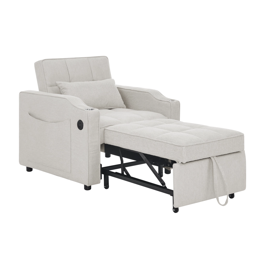 Divano letto 3 in 1 - con schienale regolabile; porta USB e porta bicchieri - in legno e tessuto - beige